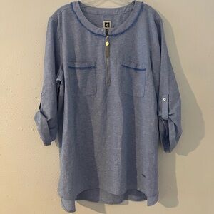 Anne Klein Light Blue Button-Front Linen-Blend Casual Shirt